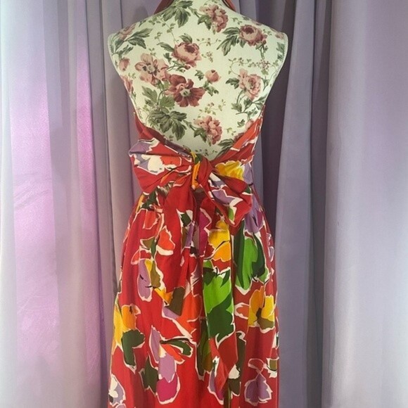 Vintage Collared Jackie Bernard Red Floral Low Back Halter Dress Size 14 - Picture 4 of 6